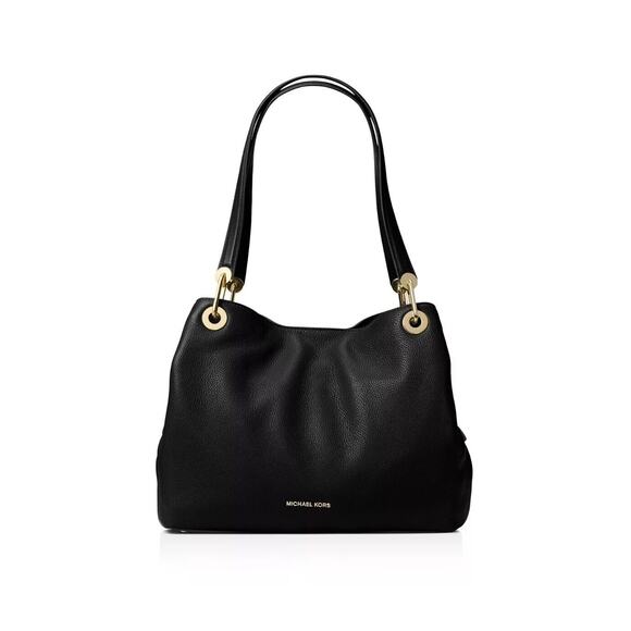 MICHAEL Kors Black Gold Raven Large Pebbled Leather Shoulder Tote Bag - Picture 1 of 9